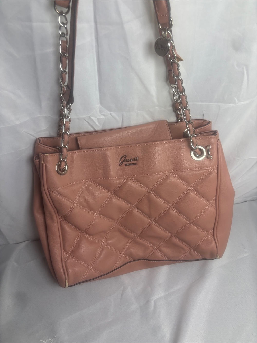 Guess Quilted Blush Pink Chain-Trim Shoulder Bag